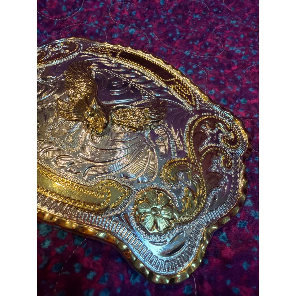 Western Eagle Belt Buckle Gold Silver Two Tone Floral Filigree Cowboy Rodeo
